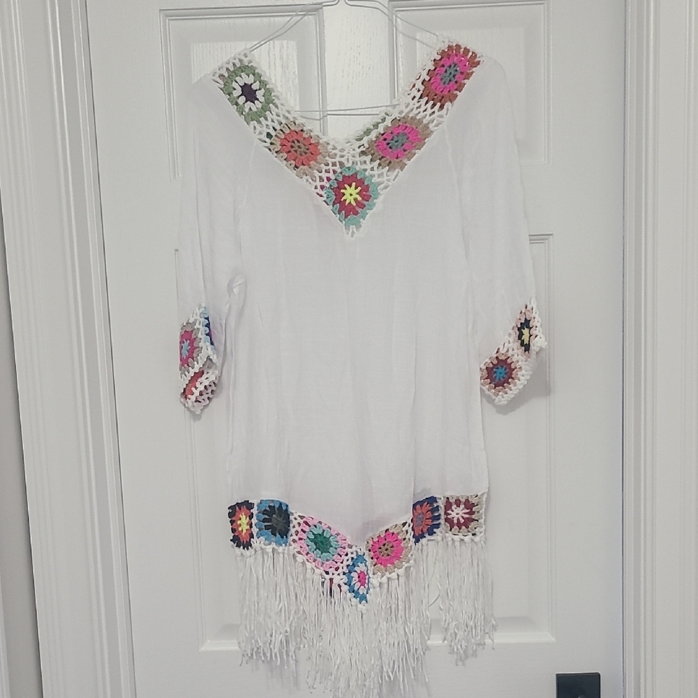 White Crochet Fringe Mini Dress